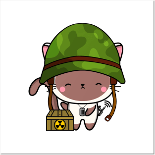 Cute white cat is a military pet Posters and Art